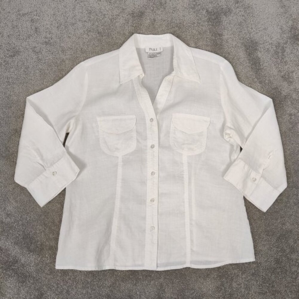 Puli Womens Crop Sleeve Button Down Shirt Linen Size 12 Quiet Luxury